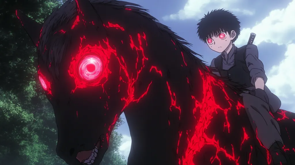 Here's a description of the image:

The image depicts an anime-style scene featuring a young boy with dark hair and glowing red eyes riding a dark horse. The horse's coat is predominantly black but displays intense, fiery red veins pulsing beneath its surface, extending to its eyes. The boy wears dark clothing, a vest, and carries a sword strapped to his back. The background suggests an outdoor setting with blurred greenery and a partly cloudy sky. The overall aesthetic is dark, intense, and suggestive of supernatural or fantasy elements.