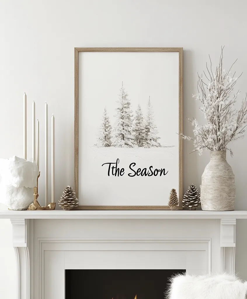 A minimalist winter mantelpiece features a light wood framed print depicting snow-covered trees with the text "Tis the Season."  Flanking the print are white candlesticks, decorative pine cones, and a vase of white branches.  The mantel is white, above a white fireplace, adding to the clean aesthetic. The overall scene evokes a calm and festive holiday atmosphere.