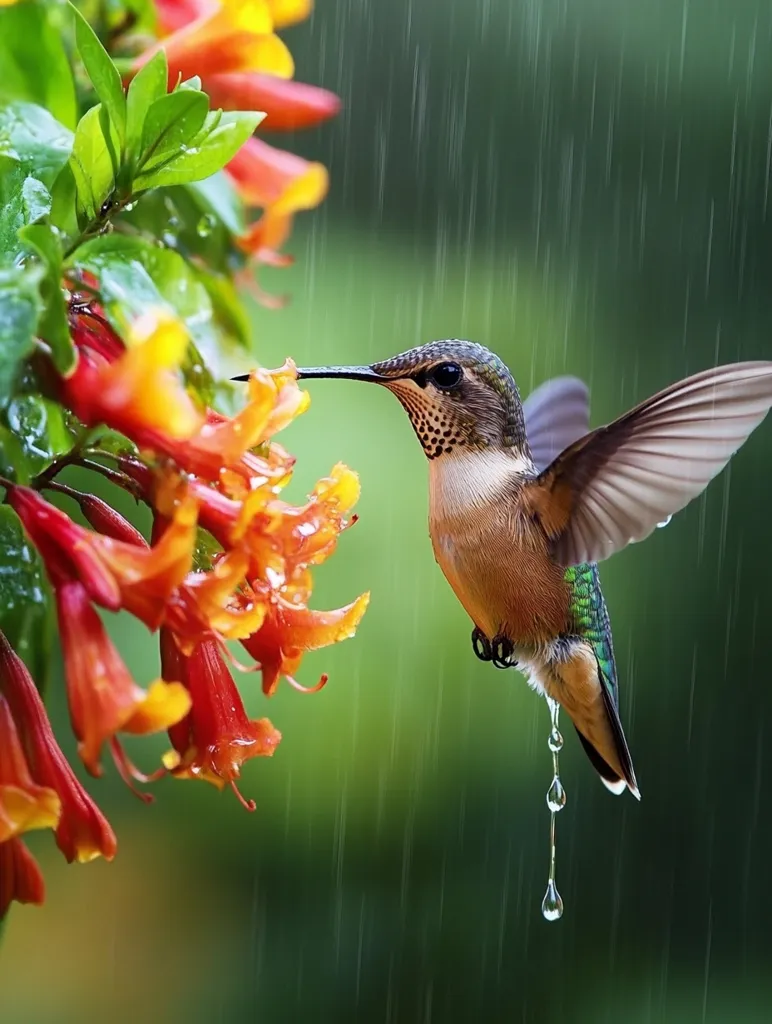 A hummingbird, wings outstretched, hovers near a cluster of vibrant orange and yellow flowers in the rain.  Raindrops cling to its feathers and fall from its beak.  The background is blurred, showcasing a lush green backdrop. The image captures a moment of delicate beauty and resilience in nature's elements. The hummingbird's focused attention on the flowers amidst the downpour is striking.