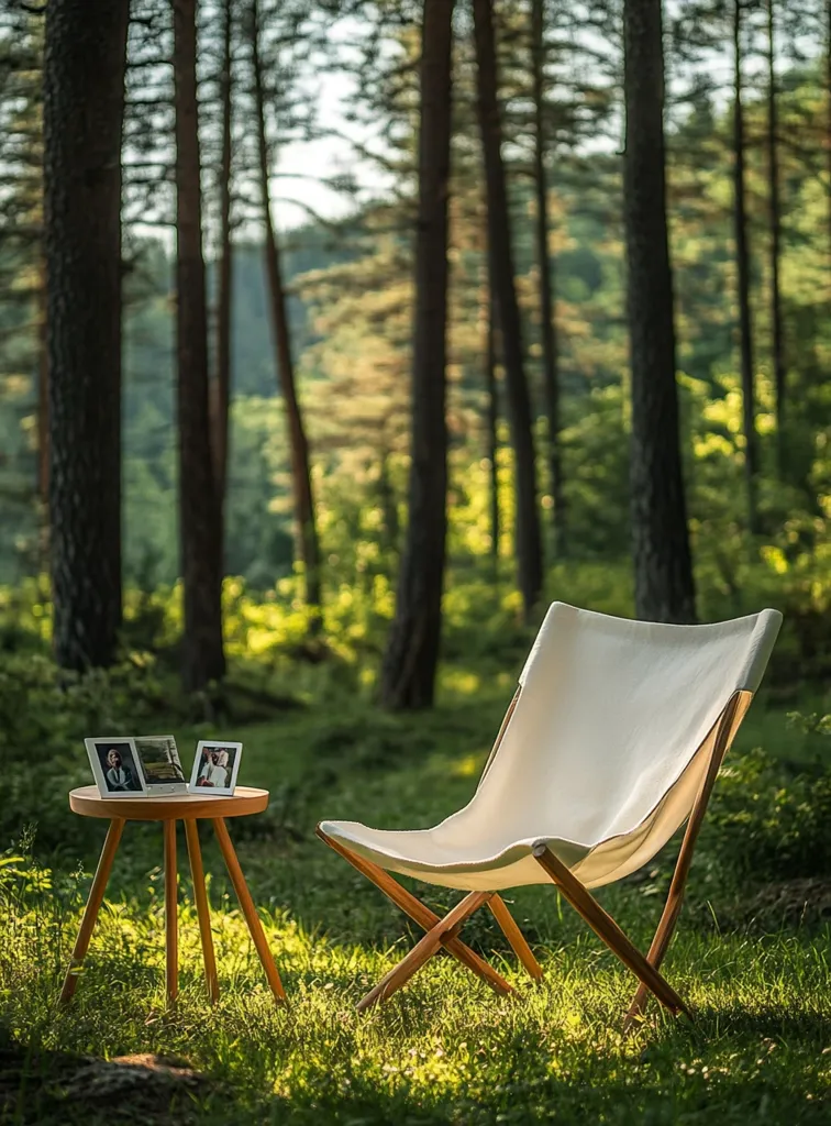 Here's a description of the image:

A tranquil forest scene features a light-beige canvas folding chair resting on a sun-dappled grassy clearing.  The chair's wooden frame is visible, and its relaxed posture suggests comfort.  A small, wooden side table sits nearby, holding two small framed photographs, adding a personal touch.  Tall, slender pine trees form a verdant backdrop, their shadows creating a dappled light effect on the ground. The overall mood is peaceful and serene, evoking a sense of quiet contemplation in nature.