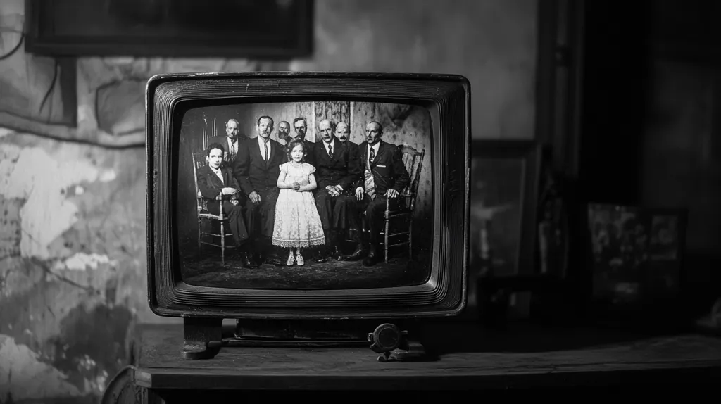 Here's a description of the image:

A vintage black and white television sits on a dark wooden surface.  The screen displays a sepia-toned family portrait: a group of adults, dressed in formal attire from a bygone era, are arranged around a young girl in a light-colored dress.  The setting of the photograph appears to be a simple interior. The television itself is old, with visible wear and a retro design. The background is dark and slightly out of focus, creating a moody atmosphere.  The overall image evokes a sense of nostalgia and perhaps a touch of mystery.