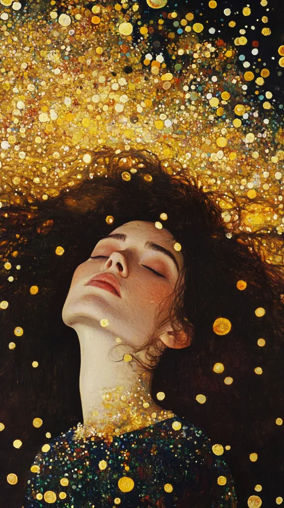 A woman with long, dark hair reclines, her head tilted back, eyes closed in peaceful repose.  She is adorned in a dark, glittering garment, speckled with gold.  A shower of golden orbs, resembling shimmering light or dust, cascades around her, enveloping her in a magical, ethereal aura. The style evokes a dreamy, almost surreal, artistic expression. The overall mood is serene and captivating.