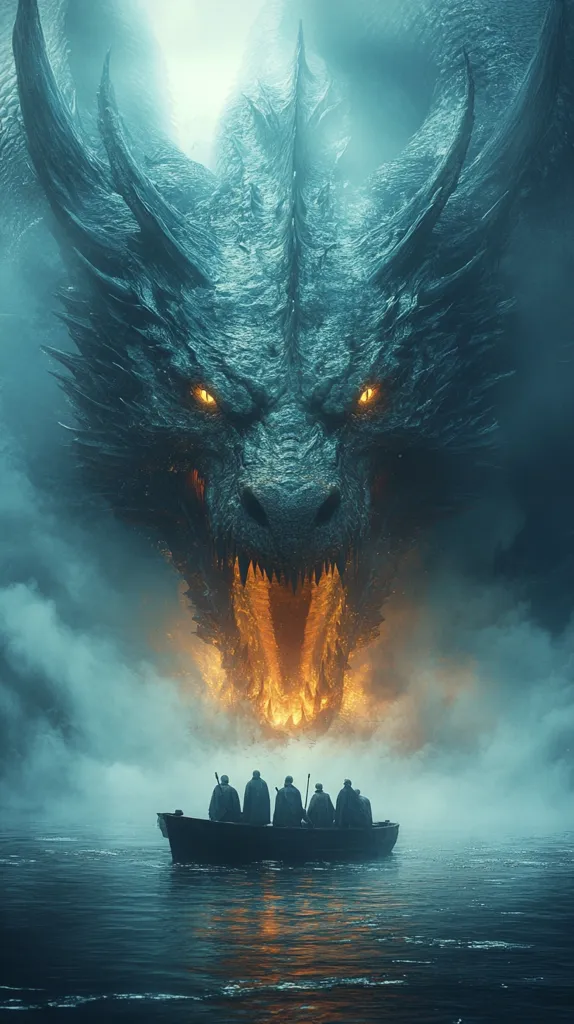 A colossal, dark-grey dragon dominates the scene, its fiery breath illuminating the murky water below.  Its massive head fills most of the frame, intense golden eyes glaring down at a small rowboat carrying several cloaked figures. The figures are dwarfed by the immense creature, creating a sense of danger and vulnerability.  The overall atmosphere is dark, ominous, and evocative of a fantasy epic.  The mist and subdued light enhance the dramatic tension.