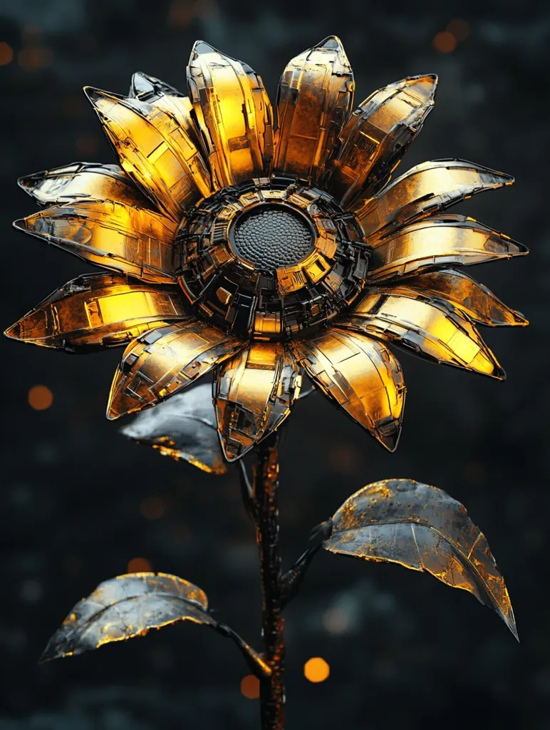 A striking image depicts a meticulously crafted metallic sunflower. Its petals, a rich gold hue with hints of dark metallic accents, are intricately designed with a layered, almost technological appearance.  The central disc is a complex, dark metallic structure, adding depth and contrast. The stem and leaves share the dark metallic finish, creating a balance between the glowing petals and the grounded base. The background is a dark, blurred canvas punctuated by small, warm lights, emphasizing the metallic flower's detailed beauty.
