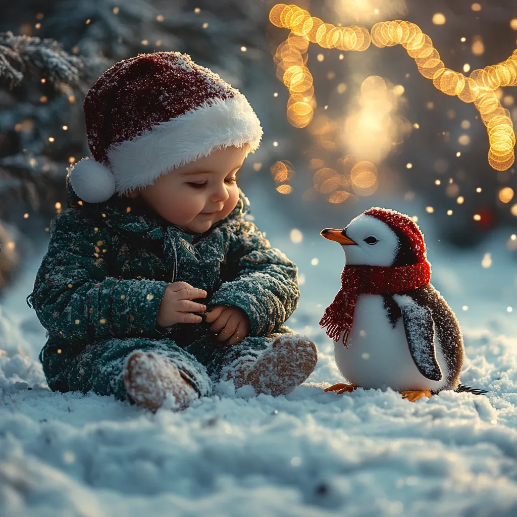A charming image depicts a baby, bundled in a teal snowsuit and a Santa hat, seated in the snow.  The baby gazes at a small, plush penguin wearing a matching red hat and scarf.  A soft, golden light from a blurry background of string lights creates a magical, winter wonderland setting.  Snowflakes gently fall, adding to the peaceful, enchanting scene. The overall feeling is one of warmth and Christmas cheer.