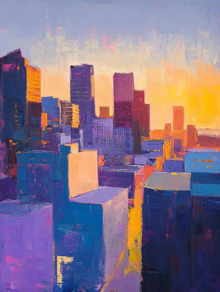 Here is a description of the image:

The painting is an abstract cityscape at sunset.  Bold strokes of purple, blue, orange, and peach depict a collection of buildings viewed from an elevated perspective. The sky is a soft blend of pale yellow and lavender.  The artist uses thick impasto to create texture and depth, giving the buildings a three-dimensional quality despite their stylized forms. The overall impression is one of warmth and energy, capturing the vibrancy of a city at dusk.