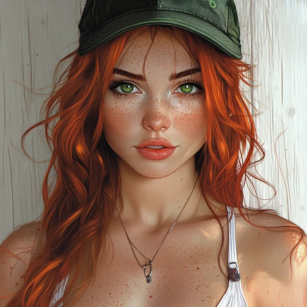 Here's a description of the image:

The image is a digital painting of a young woman with vibrant red, wavy hair cascading down her shoulders.  She wears a dark green baseball cap and a simple white tank top. Her skin is fair, adorned with freckles, and she has striking green eyes.  A delicate silver necklace with a small pendant rests on her chest. The background is a muted, light-colored wooden wall, providing a neutral backdrop that accentuates the woman's features. The overall style is realistic with a soft, painterly quality.