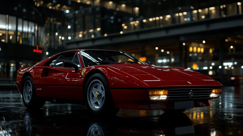 A vibrant red Ferrari 308 GTB, glistening with rain, is parked in a dimly lit city setting.  The background is blurred, showcasing a modern building with warm-toned lights.  The car's reflective surface mirrors the city lights, creating a striking contrast between the classic vehicle and contemporary urban environment.  The image emphasizes the car's sleek lines and iconic design.