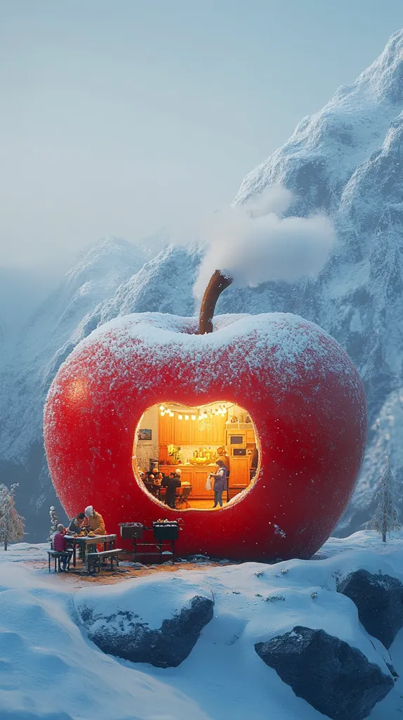 A giant, snow-covered red apple sits in a snowy mountainous landscape.  The apple has been hollowed out to reveal a cozy interior, lit warmly, where a family is gathered around a table.  Outside, more family members sit at a smaller table near a grill.  The scene is surreal and idyllic, blending fantastical elements with a heartwarming domestic setting.  Smoke rises from the apple's core, adding to the whimsical atmosphere.