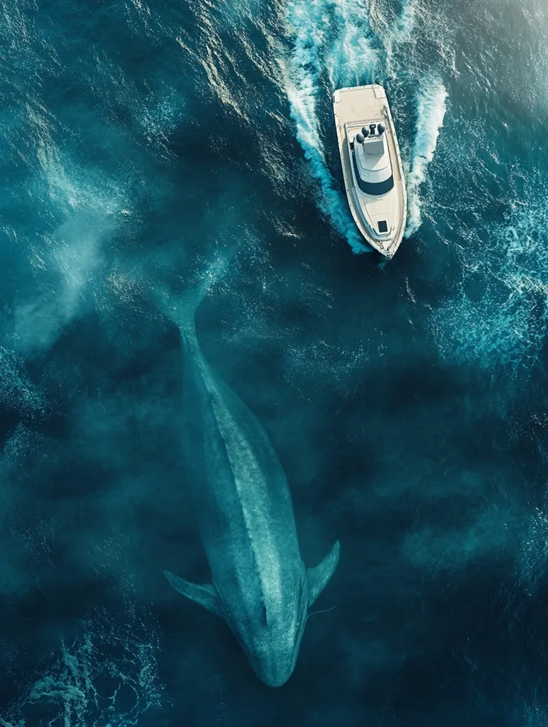 Here is a description of the image:

An aerial shot depicts a vast expanse of deep teal ocean water.  A large blue whale swims gracefully below the surface, its immense size emphasized by the small luxury yacht speeding across the water above. The yacht leaves a noticeable wake, contrasting with the whale's serene movement. The overall image highlights the scale difference between human-made vessels and the natural majesty of marine life. The dark blue tones and the water's texture add depth and create a dramatic visual.
