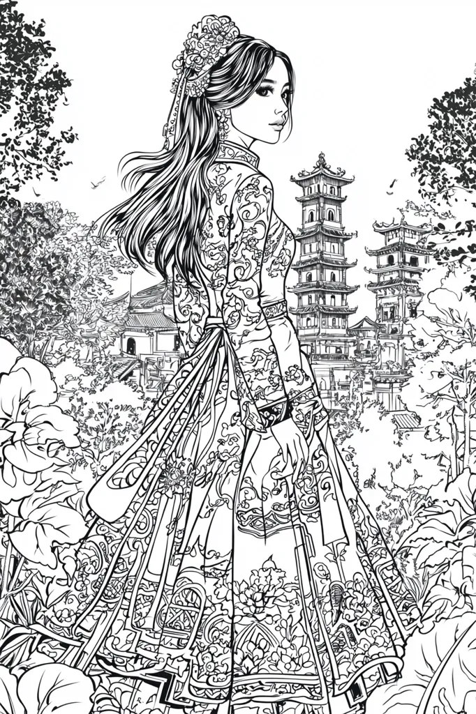 Here is a description of the image:

The illustration is a black and white drawing of a woman in an ornate, flowing gown, reminiscent of traditional Asian clothing.  She's positioned slightly in profile, gazing towards a pair of elegant pagodas nestled amidst lush foliage.  Her hair is elaborately styled, adorned with a flower crown. The gown is richly detailed with intricate patterns and textures. The background features detailed trees and garden elements, contrasting with the sharp lines of the architectural structures. The overall style is detailed and reminiscent of a coloring book page, with a focus on intricate linework and decorative elements.