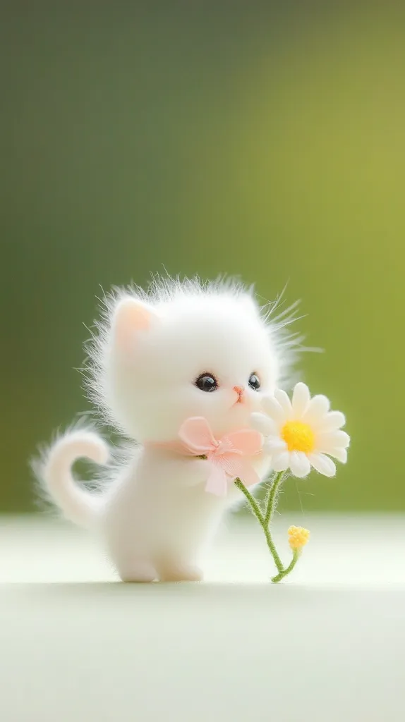 Here's a description of the image:

The image features a charming, fluffy white kitten, seemingly handcrafted, holding a delicate daisy. The kitten is small and sits upright, its fur appearing soft and plush. A pale pink bow adorns its neck. The background is a blurred, soft green, creating a bokeh effect that draws focus to the kitten and flower. The overall aesthetic is cute, whimsical, and peaceful, suggesting a handmade or digitally enhanced image. The scene is simple, evoking feelings of gentleness and serenity.