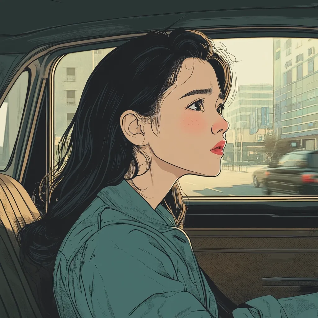 The illustration depicts a young woman with long dark hair, seated in a vintage car.  She's wearing a teal jacket and looking pensively out the window.  The city street outside is blurred, suggesting movement.  The art style is reminiscent of a graphic novel or anime, with clean lines and muted colors creating a melancholic mood.  The woman's expression is subtle, conveying a sense of contemplation or quiet sadness.