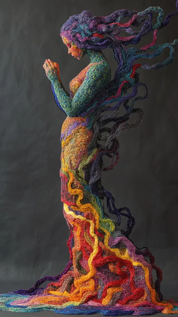 A vibrant, colorful sculpture of a woman is depicted.  Crafted from what appears to be intricately woven or knotted threads of various hues, the artwork portrays a figure in a flowing gown.  The colors blend seamlessly, transitioning from deep purples and blues in the hair to warmer oranges and reds in the cascading skirt.  The woman's posture suggests prayer or contemplation, adding a spiritual element to the piece's overall aesthetic. The texture is rich and dynamic, capturing both the softness of the material and the three-dimensionality of the form.