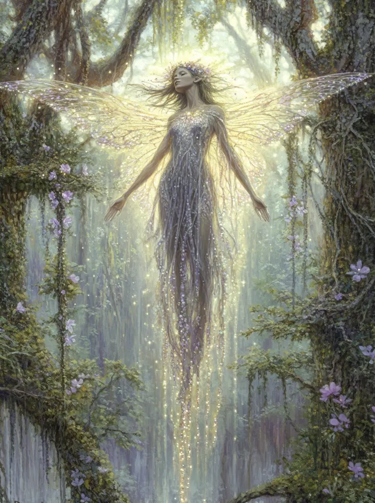 A ethereal fairy, adorned with a floral crown and shimmering, gossamer wings, floats in a luminous enchanted forest.  Her dress, appearing as woven light and vines, trails down, showering golden sparkles.  Surrounding her, lush greenery and delicate purple blossoms frame the mystical scene, bathed in a soft, dreamlike light. The overall effect is one of otherworldly beauty and serene magic.