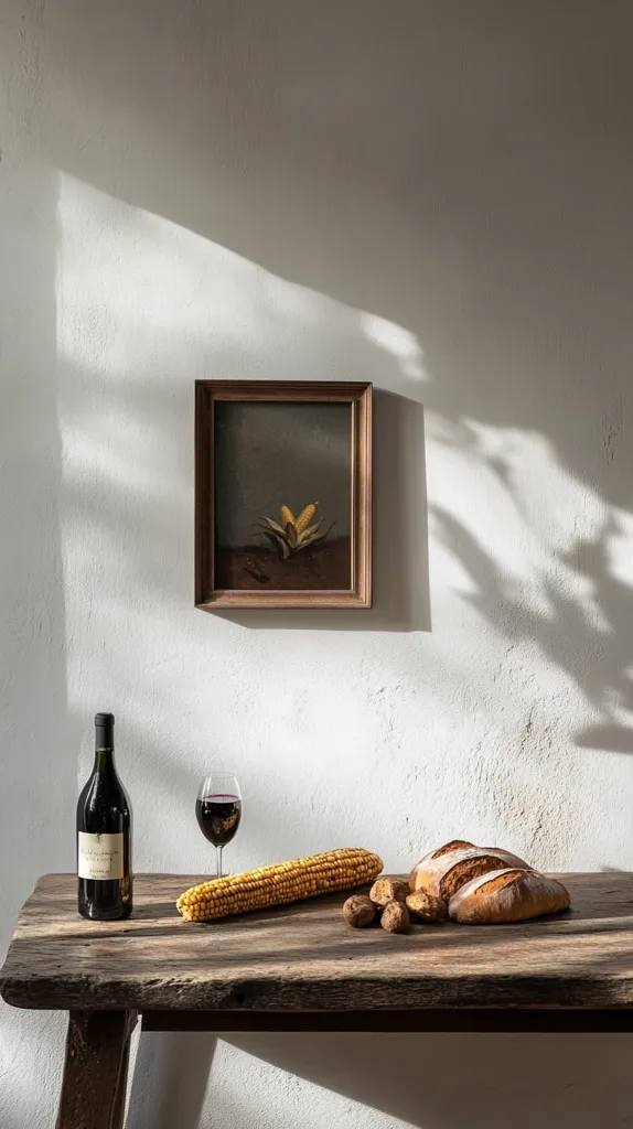 Here's a description of the image:

A rustic wooden table sits against a whitewashed wall, bathed in dappled sunlight casting shadows.  On the table are simple items: a bottle of red wine, a glass of red wine, a cob of corn, a loaf of rustic bread, and several potatoes. Above the table, a small, dark-framed painting depicts a still life of corn. The overall aesthetic is one of quiet simplicity and rustic charm, evoking a sense of peaceful country life.
