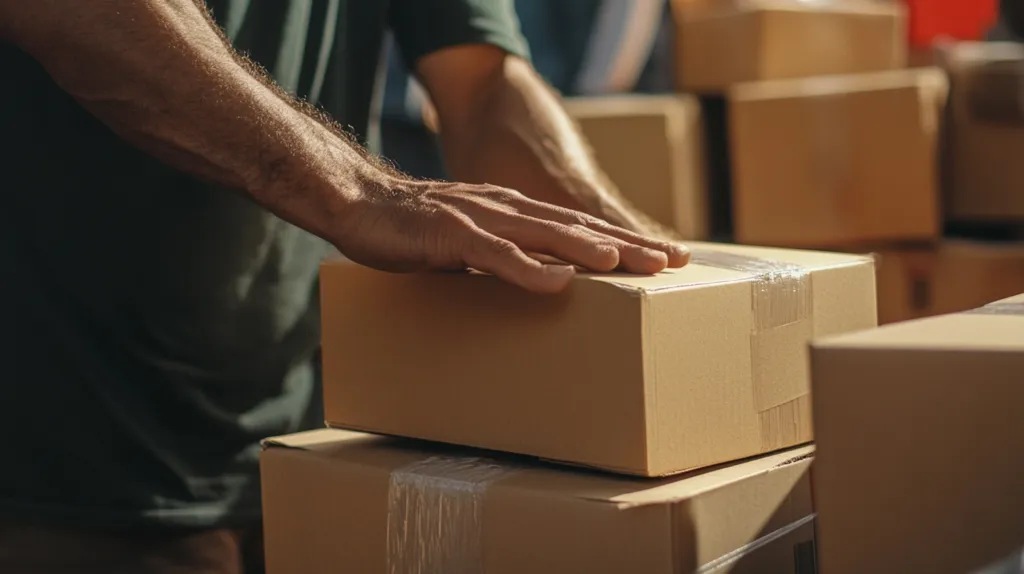 A person's hands gently place a cardboard box atop a stack of similar boxes. The boxes are tan and appear to be in a warehouse or shipping facility.  The individual is wearing a dark-colored shirt, and the focus is on the careful handling of the package.  The scene suggests shipping, packaging, or inventory management.  Sunlight illuminates the boxes, creating a warm tone.