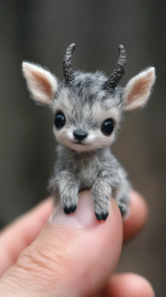 Here is a description of the image:

Close-up view of a tiny, intricately crafted fawn figurine.  The fawn is grey-furred with dark, sculpted horns and large, expressive eyes. Its small size is emphasized by its placement on a person's fingertip.  The fawn appears soft and delicate, possibly made of felt or a similar material.  The background is blurred, focusing attention on the miniature creature. The overall impression is one of delicate artistry and whimsical charm.