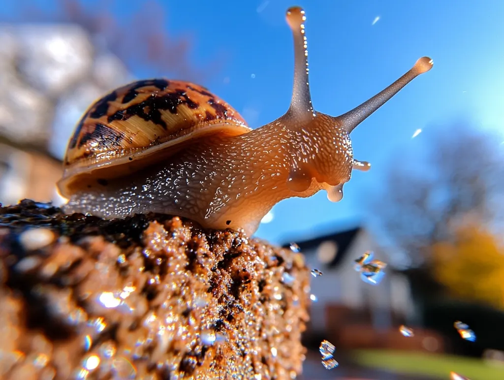 Here's a description of the image:

Close-up view of a snail, seemingly in motion, perched atop a textured, earthy surface.  The snail's shell is a mottled brown and tan, and its body is a translucent beige.  Water droplets, possibly from recent rain, are scattered in the foreground and background, glistening in the sunlight.  The background is softly blurred, showing a blue sky and elements of a residential area, suggesting an outdoor setting. The overall impression is one of vibrant color and sharp detail, emphasizing the snail's texture and the sparkling water droplets.