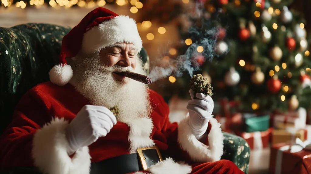 Santa Claus, in his traditional red suit, sits in a plush armchair before a brightly lit Christmas tree. He enjoys a large cigar, while simultaneously holding a cannabis bud in his other hand.  The scene is festive, yet unconventional, with a humorous juxtaposition of Christmas cheer and cannabis consumption. The image is professionally lit, capturing a detailed view of Santa's relaxed expression.  Wrapped presents are blurred in the background, enhancing the focal point on Santa.