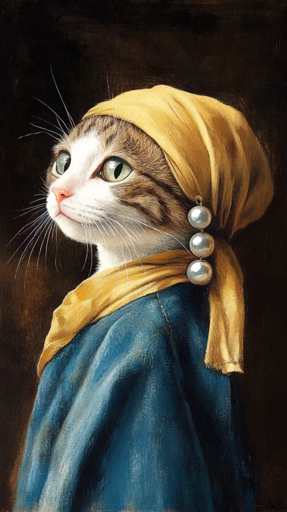 The painting depicts a cat in a Renaissance-style portrait. The cat, a tabby with white markings, wears a mustard-yellow head covering and a blue garment. The head covering is styled like a woman's headscarf, falling down to drape over the cat's shoulders.  Three pearl earrings hang from the scarf. The cat's gaze is directed upward and slightly to its right, creating a contemplative mood. The style mimics Old Master paintings, with rich, dark tones and meticulous detail.