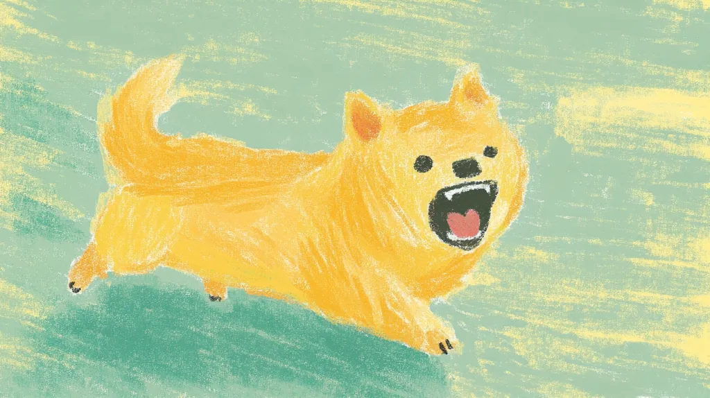 The image shows a playful, stylized illustration of a small, golden-colored dog.  Rendered in a crayon-like texture, the dog is depicted mid-stride, mouth open in a joyful bark.  The dog's fur is rendered with loose, expressive strokes, giving a sense of movement and energy. The background is a soft, teal wash, providing a contrast to the vibrant yellow of the dog. The overall style is childlike and charming.