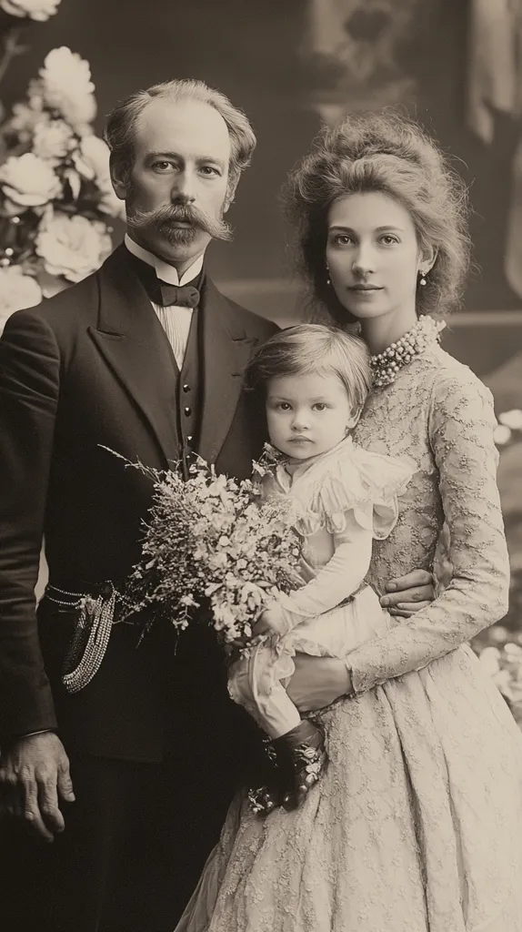 A sepia-toned portrait captures a family in elegant attire. The father, with a prominent mustache, is dressed in a dark suit and waistcoat. His wife, in a lacy gown, holds their young child, who is dressed in a light-colored outfit.  The child is nestled between the parents, and a bouquet of flowers rests near them. The background suggests a softly lit, possibly indoor, setting, adding to the timeless quality of the photograph.  The overall impression is one of formality and affection.