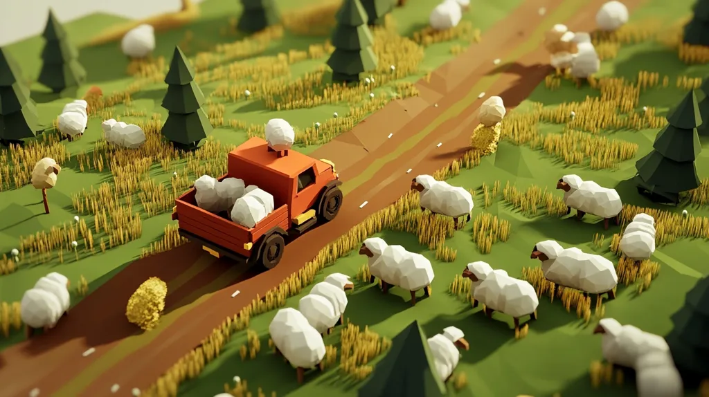 A low-poly 3D rendering depicts a rural scene.  A red pickup truck, carrying bales of wool, drives along a dirt road through a field of low-poly sheep.  The sheep are rendered in simple, geometric shapes, as are the trees and grassy landscape.  The overall style is simplistic and charming, suggesting a stylized representation of a pastoral scene.  The image evokes a sense of calm and tranquility.