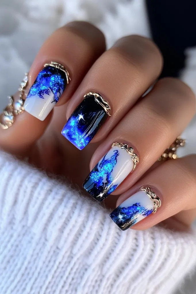 Here's a description of the image:

Close-up view of a hand adorned with intricately designed nails. Each nail features a gradient of white transitioning into a deep blue, resembling a nebula or galaxy effect.  A thin gold filigree accents the top of each nail. The nails are a square shape, showcasing a polished, glossy finish.  The hand rests on a soft, white knit fabric.  The overall style is elegant and sophisticated, with a celestial theme.