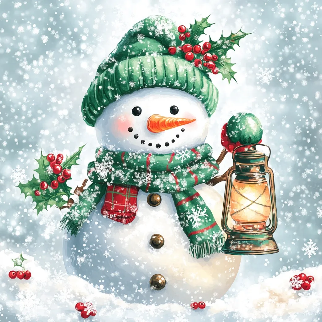 Here's a description of the image:

A charming snowman, adorned in a green knitted hat and matching scarf with red plaid accents, stands in a snowy landscape.  Holly berries and sprigs decorate his hat and side, adding a festive touch.  He holds a glowing lantern, casting a warm light.  Snowflakes gently fall around him, creating a magical winter scene. The overall style is whimsical and festive, perfect for a Christmas card or winter decoration.