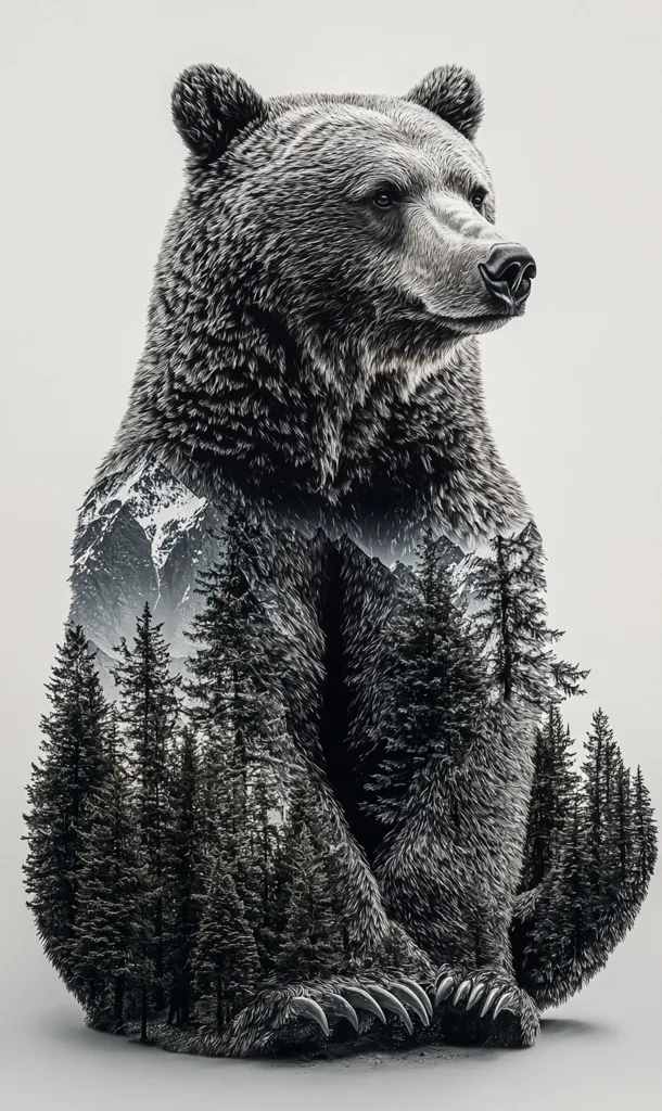 Here's a description of the image:

The image is a monochrome, artistic depiction of a grizzly bear.  The bear is rendered in detailed, textured strokes, emphasizing its fur.  A double exposure effect seamlessly blends a snowy mountain range and coniferous forest within the bear's body, creating a unified image of the animal within its natural habitat. The bear is presented in a three-quarter profile view, appearing calm and majestic, gazing off to its right. The overall effect is striking and evokes a sense of wilderness and serene power.