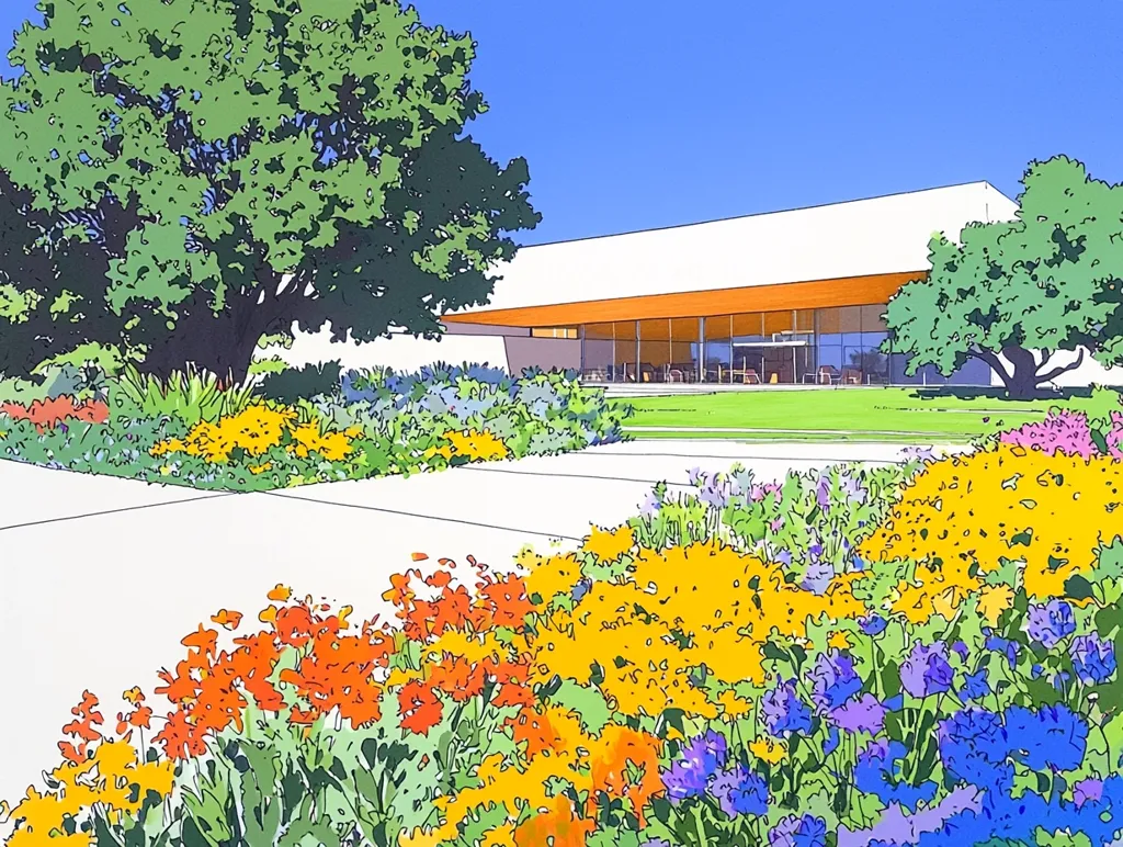 A vibrant illustration depicts a modern, low-slung building with large windows, set against a backdrop of a clear blue sky.  Lush, colorful flowerbeds in oranges, yellows, and blues, frame the building's entrance.  Mature green trees provide shade, adding depth and contrast to the bright landscape. The style suggests a contemporary interpretation of architectural and landscape design, emphasizing clean lines and bold colors. The overall impression is one of serenity and peaceful elegance.