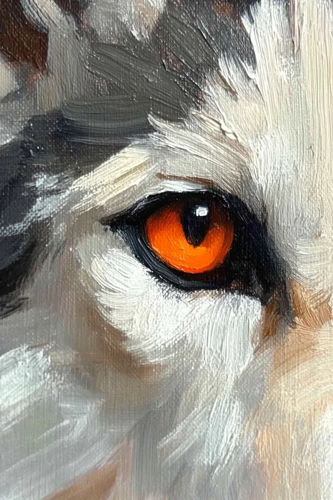 Here's a description of the image:

The close-up oil painting depicts the eye and surrounding fur of a wolf or similar canine. The artist uses visible brushstrokes to create texture, particularly in the animal's light gray and white fur, which is rendered with short, feathery strokes.  The eye is a striking burnt orange, sharply contrasting with the darker gray fur around it. The overall effect is one of intensity and captivating detail, focusing the viewer's attention on the animal's gaze.
