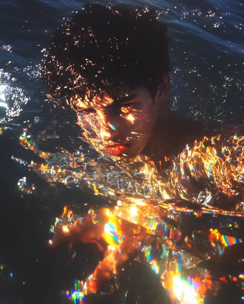 Here's a description of the image:

The photograph is an underwater close-up of a young man with dark, wet hair.  His face is partially submerged, illuminated by sunlight refracting through the water, creating a mesmerizing, iridescent effect.  The water itself is dark, and the light causes prismatic rainbows to shimmer around him, obscuring his body below the shoulders. The overall mood is ethereal and dreamlike, with a focus on the play of light and water.