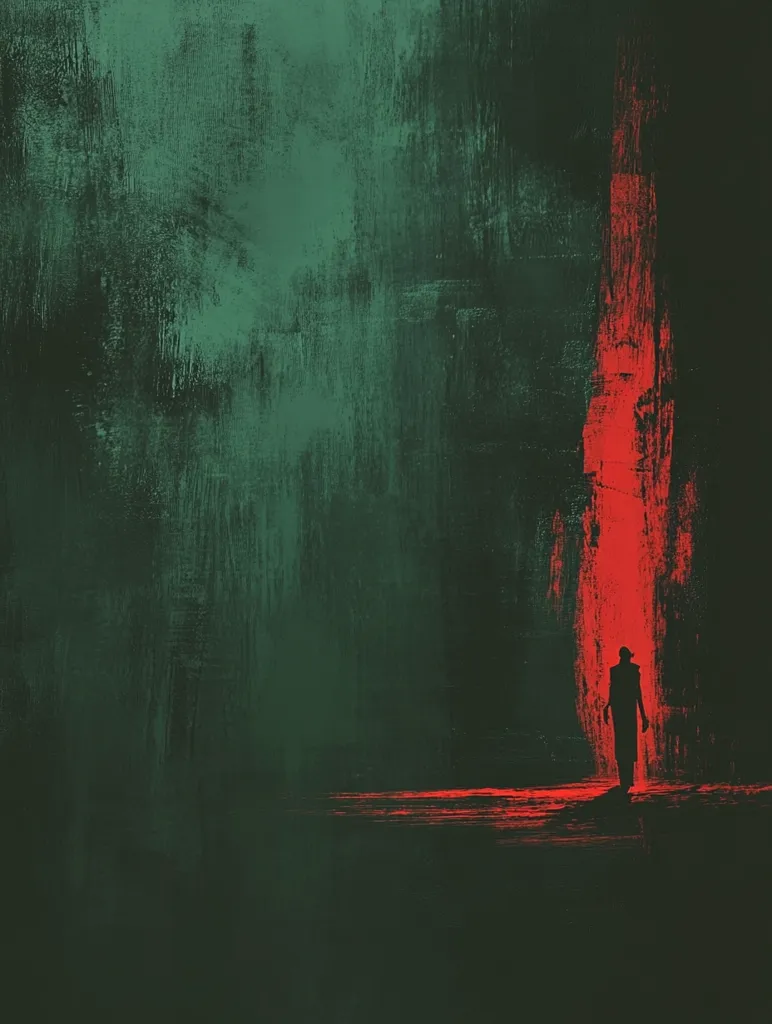 The artwork depicts a solitary, silhouetted figure standing at the edge of a crimson path. The path cuts through a dark, textured background predominantly in shades of deep green, resembling an abstract landscape or wall.  The figure's stark black silhouette contrasts sharply with the red, creating a sense of mystery and isolation. The overall style is painterly and evocative, with visible brushstrokes adding to the moody atmosphere. The piece suggests a journey, a destination, or a moment of contemplation within a somber setting.