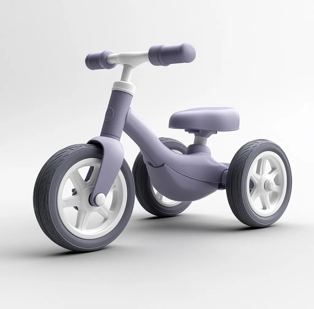 A muted lavender children's tricycle is presented against a stark white backdrop.  Its design is simple and modern, featuring a low profile frame, white handlebars and wheel rims, contrasting with the tricycle's main body.  The tires appear to be made of rubber, providing grip for young riders.  The overall aesthetic is clean and minimalist, suggesting a focus on functionality and safety.