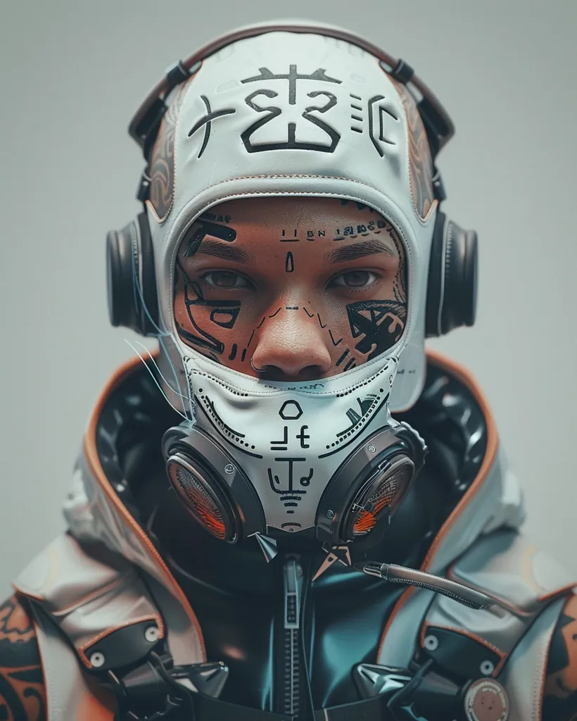 Here's a description of the image:

Close-up of a stylized cyberpunk character, possibly digitally rendered.  The individual wears a white balaclava-style helmet with an over-the-ear headset and a futuristic gas mask.  Both the helmet and mask feature stylized symbols and markings, which appear to be a mix of geometric shapes and possibly script. The character's face is partially visible beneath the mask, showing intricate facial tattoos in a similar style to the helmet markings.  The clothing is a blend of muted light greys and oranges, suggesting a technologically advanced or protective suit. The overall aesthetic is gritty, futuristic, and detailed.
