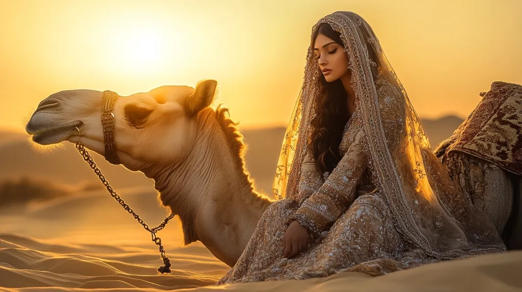 Bathed in the golden light of a desert sunset, a woman in an intricately embroidered, flowing gown and veil sits serenely beside a camel.  The scene is peaceful and evocative, with the warm hues of the sun illuminating the woman's elegant attire and the camel's soft fur. The vast, sandy expanse of the desert forms a dramatic backdrop, creating a visually stunning and atmospheric image. The overall mood is one of tranquility and perhaps a sense of journey or arrival.