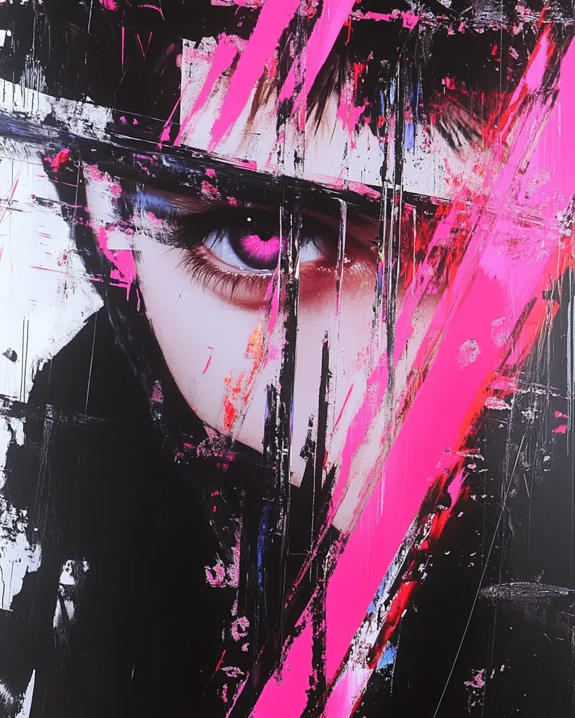 Here's a description of the image:

The artwork is a close-up, abstract portrait seemingly of a woman's face, focusing primarily on her striking eye.  Bold, vibrant hot pink brushstrokes dominate the canvas, intersecting with stark black and white areas, creating a chaotic yet controlled energy. The eye is rendered with detail, its pink iris standing out against the surrounding abstract chaos. The overall style is expressionistic and contemporary, with a blend of realistic and abstract elements. The dark background suggests a mysterious and perhaps brooding mood. The composition is dynamic and visually arresting, emphasizing texture and movement.