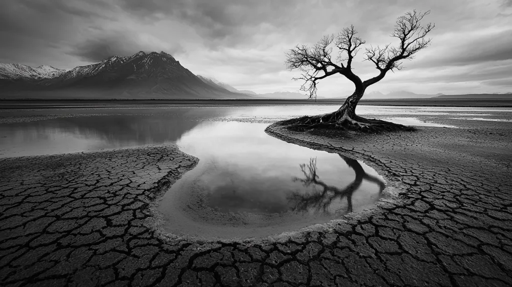 Here's a description of the image:

A black and white landscape photograph depicts a stark, desolate scene. A lone, leafless tree stands at the edge of a cracked, dry lakebed, its roots exposed. The tree's reflection is visible in the remaining water, creating a mirrored image.  In the background, a range of snow-capped mountains stretches across the horizon under a brooding, cloudy sky. The overall mood is somber and suggests themes of drought, isolation, and resilience. The contrast between the dark, dry land and the light sky emphasizes the emptiness of the scene.