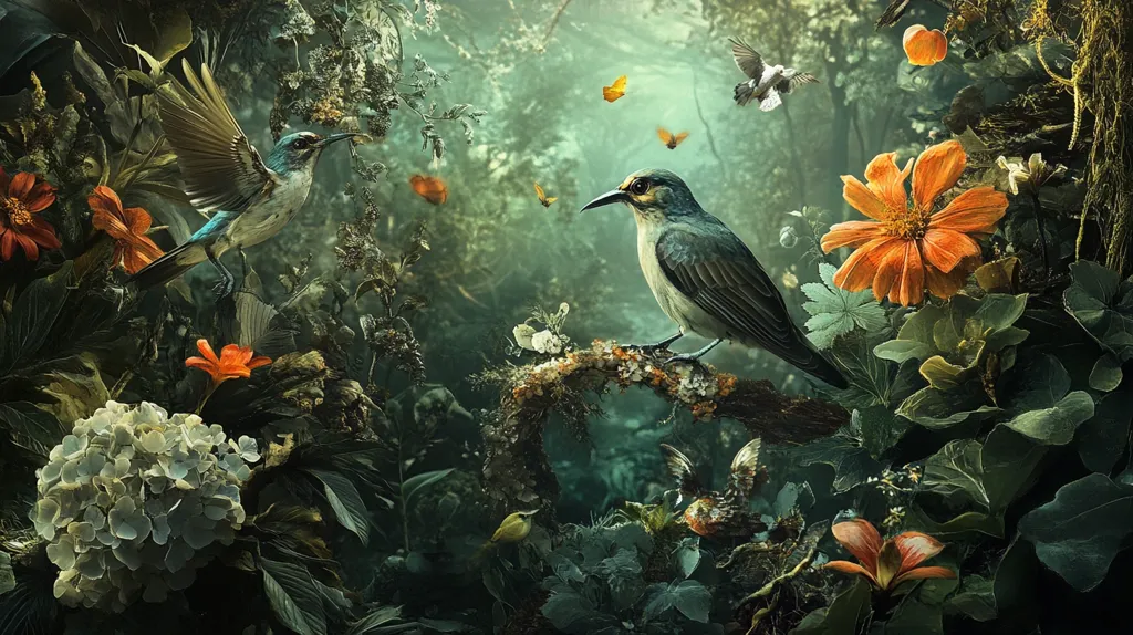 A lush, verdant jungle scene unfolds, teeming with life. Two vibrant birds, one in flight and the other perched on a mossy branch, share the spotlight amongst a profusion of flowering plants.  Orange and white blooms punctuate the deep greens, creating a rich contrast.  Butterflies flutter amidst the foliage, adding to the sense of movement and vibrancy in this mystical, almost ethereal, forest setting. The overall mood is one of serene beauty and hidden depths.