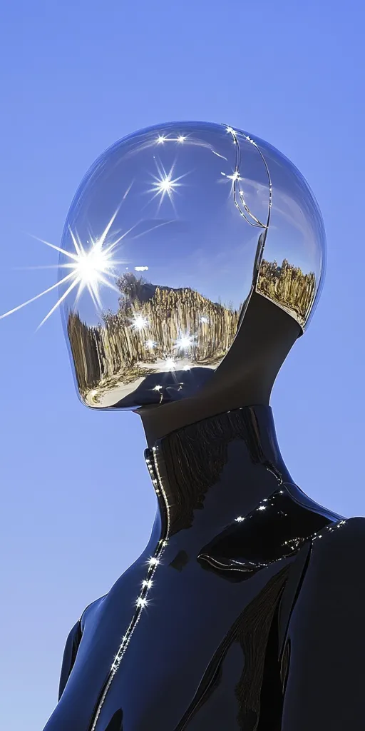 Here is a description of the image:

The image shows a close-up view of a mannequin, seemingly futuristic in design.  Its head is a highly polished, metallic dome reflecting a bright blue sky and sun-like flares. The body is clad in sleek, black, possibly lacquered material, reflecting light similarly to the headpiece. The overall aesthetic is one of polished, reflective surfaces against a clear, vibrant sky. The mannequin’s design suggests a blend of sleek modernism and science fiction elements.