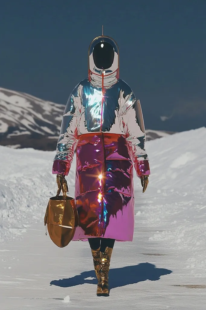 A figure in a futuristic, iridescent pink and silver puffer coat walks across a snowy landscape.  The coat is long and voluminous, and the figure wears a helmet resembling an astronaut's headgear.  Gold boots and a gold handbag complete the ensemble. The background features a snow-covered mountain range under a clear blue sky. The overall aesthetic is bold, futuristic, and striking against the stark winter scenery.