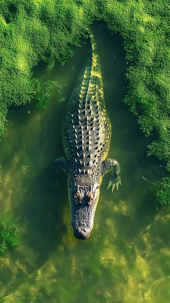 Here's a description of the image:

An overhead shot captures an alligator submerged in murky green water, its back and head visible above the surface.  The alligator is positioned vertically, its tail extending downward. The water is surrounded by vibrant green aquatic vegetation, creating a natural, swamp-like environment. The alligator's textured skin and detailed features are clearly visible against the contrasting green backdrop. The overall mood is one of serene wildlife observation.