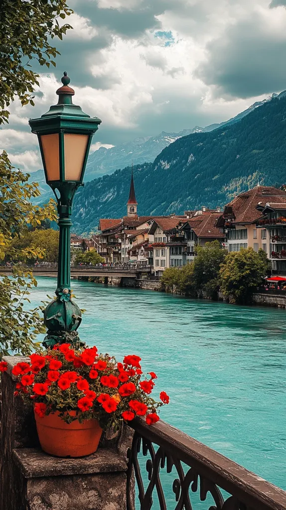 Here's a description of the image:

A picturesque scene unfolds along a river, with a charming town nestled against a majestic mountain backdrop.  An antique green lamppost stands in the foreground, next to a vibrant terracotta pot overflowing with bright red flowers. The turquoise river flows calmly, reflecting the sky and the traditional architecture of the buildings on its banks. A church steeple is visible amongst the houses.  The sky is partly cloudy, enhancing the overall serene and idyllic atmosphere of the image. The mountains, shrouded in greenery, dominate the horizon.