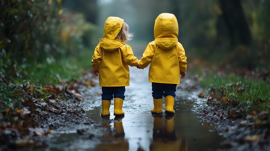 Two toddlers, dressed identically in bright yellow raincoats and matching yellow rain boots, walk hand-in-hand down a muddy path.  Autumn leaves litter the ground beside a puddle reflecting their tiny figures.  The background is blurred, suggesting a damp, wooded area. The image evokes a sense of childhood innocence and the simple joy of playing outdoors in the rain.