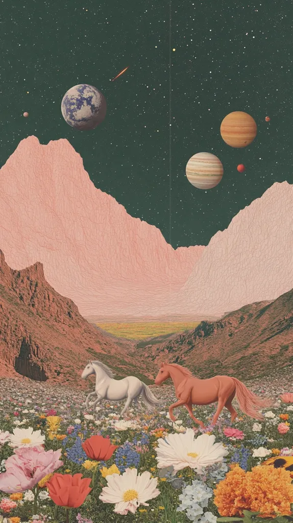 A surreal, dreamlike landscape features two horses—one white, one brown—grazing in a vibrant field of wildflowers.  Pink-toned mountains rise in the background against a dark, starry sky speckled with planets, including a detailed Earth.  The overall aesthetic is reminiscent of vintage collage art with a touch of whimsical fantasy. A comet streaks across the celestial scene, adding to the otherworldly feel.