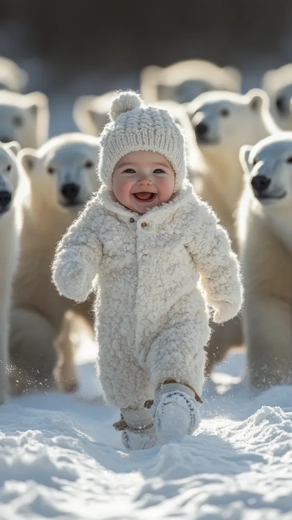 A joyful baby, dressed in a fluffy white snowsuit and knitted hat, toddles through a snowy landscape.  Behind the baby, a group of polar bears amble along, their forms slightly blurred, creating a charming contrast between the tiny human and the majestic creatures. The scene is bright and peaceful, filled with the soft textures of snow and the baby's outfit.  The image evokes a sense of wonder and the beauty of a wintry Arctic environment.
