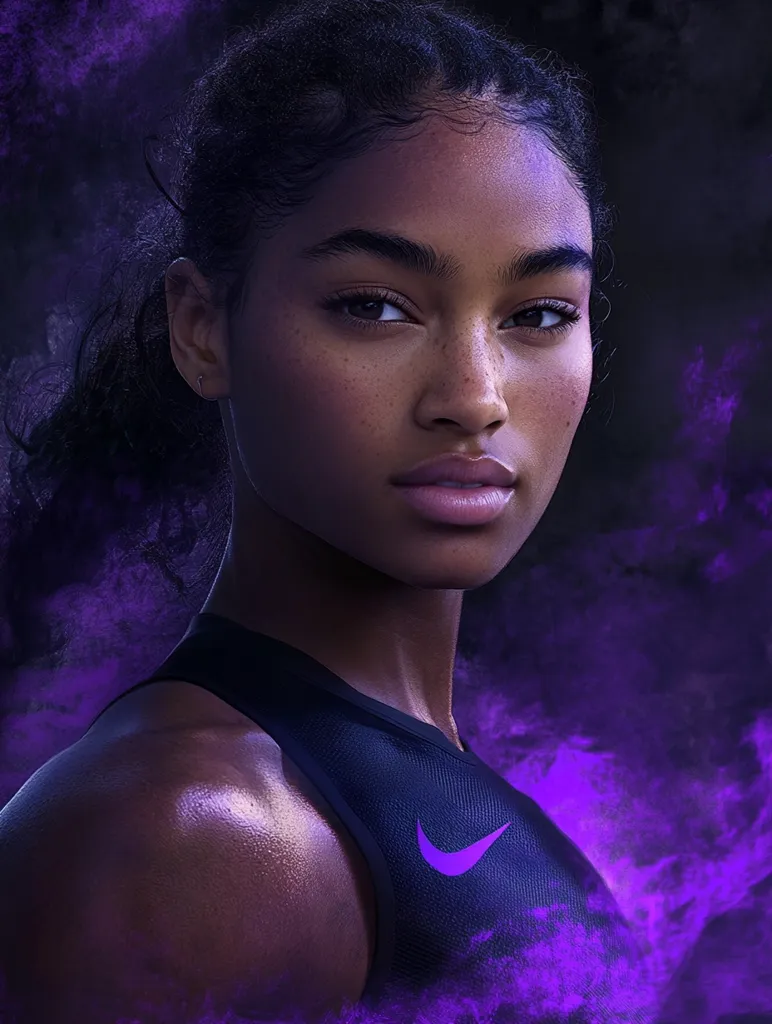 A close-up portrait of a young Black woman with freckles and dark hair pulled back. She's wearing a dark sleeveless Nike top, the swoosh subtly highlighted in purple. The background is a dramatic swirl of purple smoke or mist, creating a powerful and somewhat mystical atmosphere.  Her gaze is direct and confident, projecting strength and determination. The image is evocative of athleticism and empowerment.