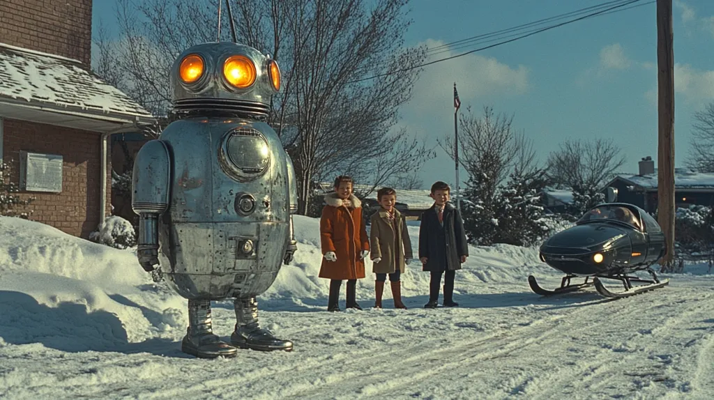 A large, metallic robot with glowing lights stands in the snow beside three children.  The robot has a rounded, almost egg-like body and is made of polished metal. The children, a girl in an orange coat and two boys in darker coats, stand in a line, observing the robot. A dark snowmobile is parked further down the snowy street, in front of a residential home. The scene is set in a winter landscape, with bare trees and a lightly snow-covered street.  The overall mood is whimsical and slightly nostalgic.